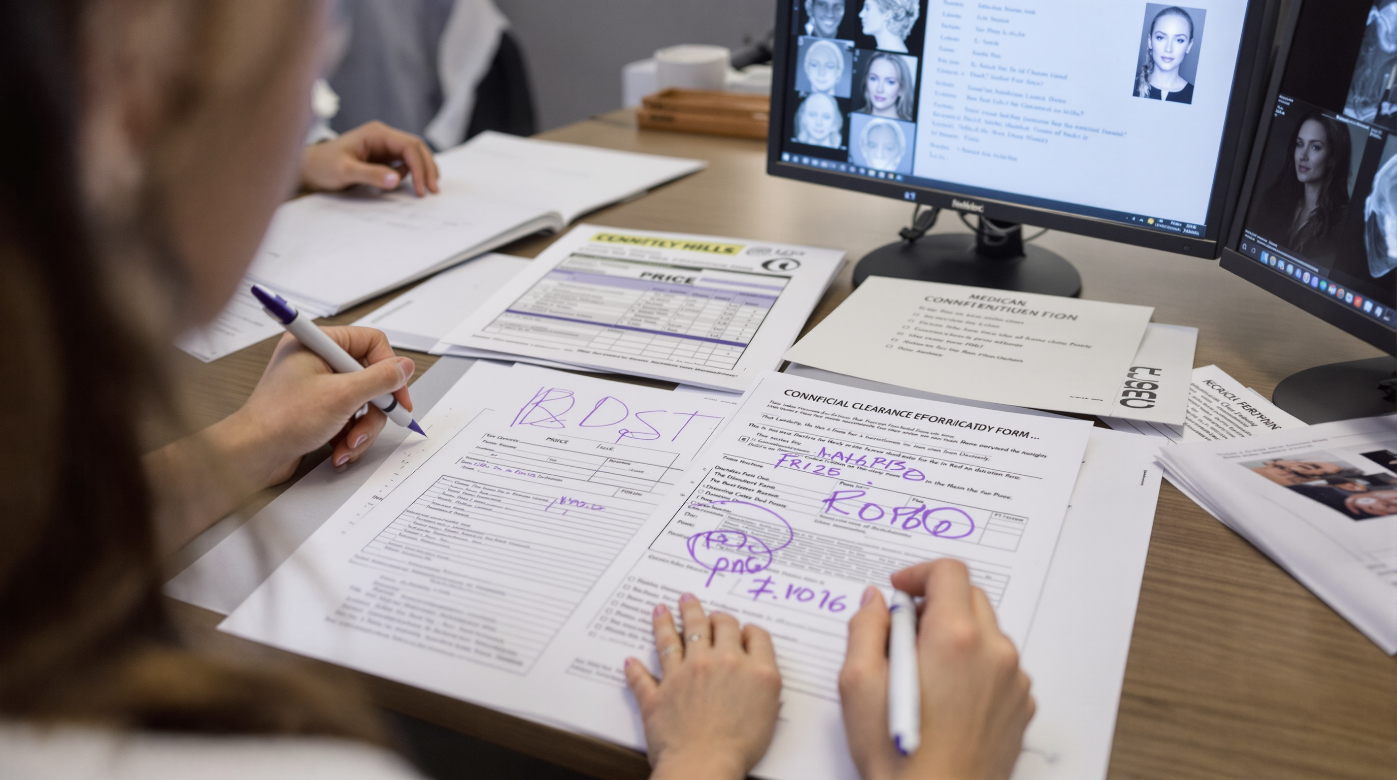 A physician reviewing a patient chart and an electrocardiogram tracing at a desk in a bright medical office