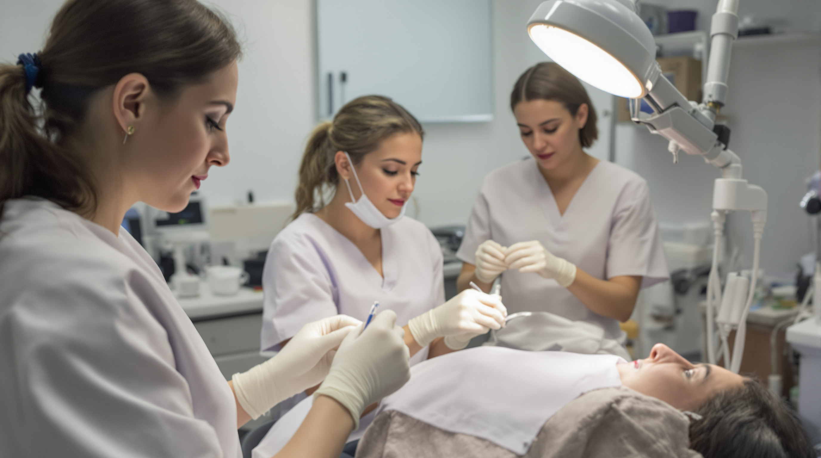 A surgeon and patient discussing a facial profile on a tablet in a calm consultation room